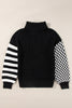 Black Striped Plaid Patchwork Waffle Knit Turtleneck Sweater