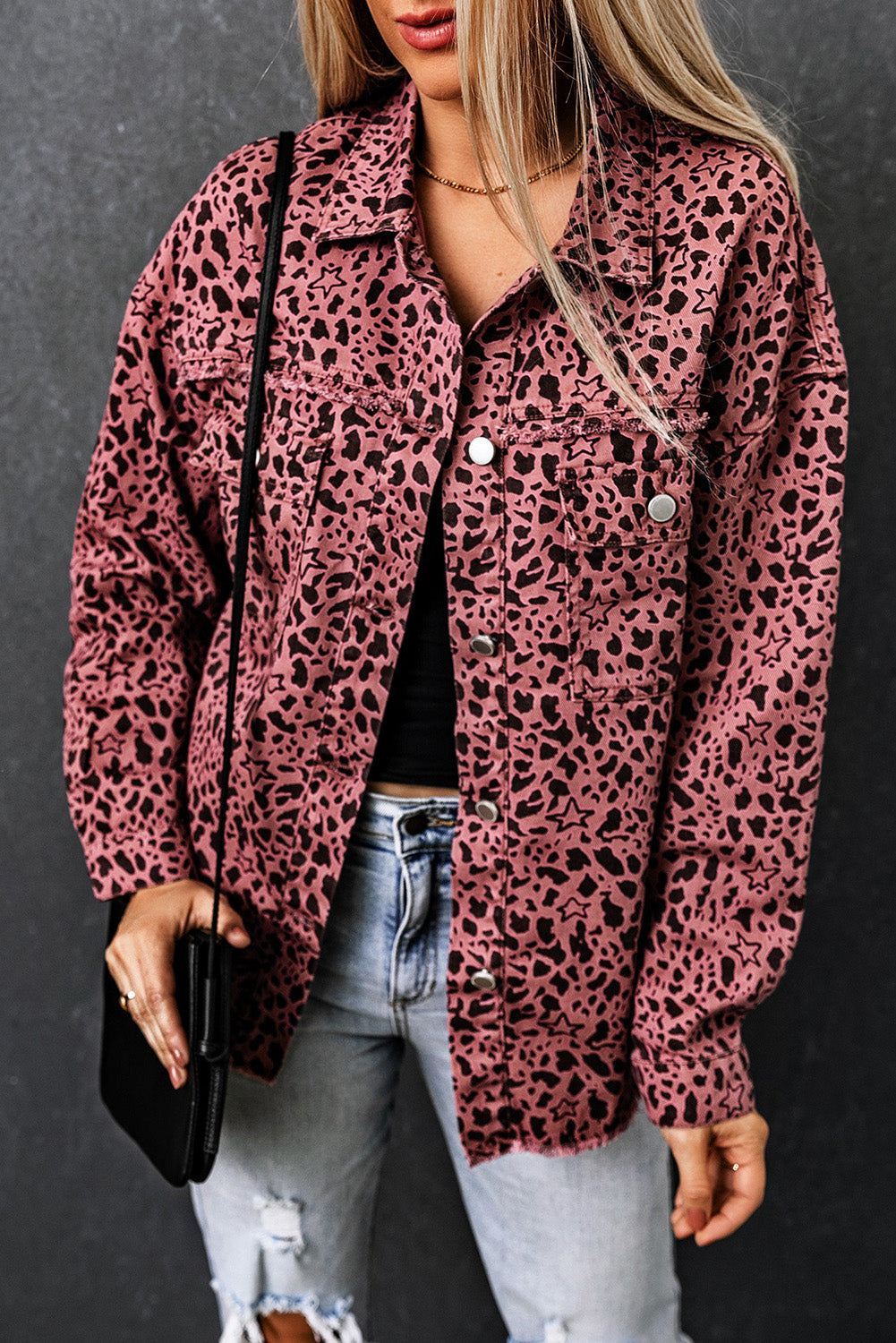 Pink Stars & Animal Spots Print Button Up Denim Shacket