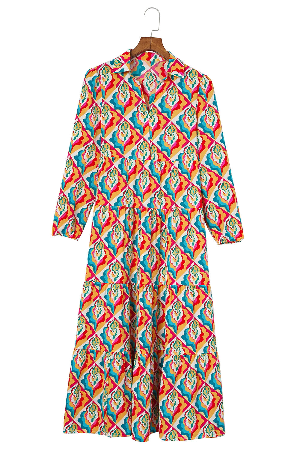 Multicolor Abstract Geometric Print Notch Neck Tiered Boho Dress