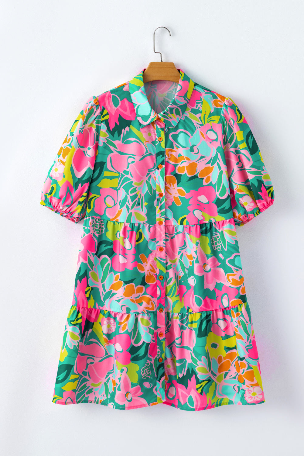 Green Plus Floral Print Puff Sleeve Tiered Shirt Tunic Dress