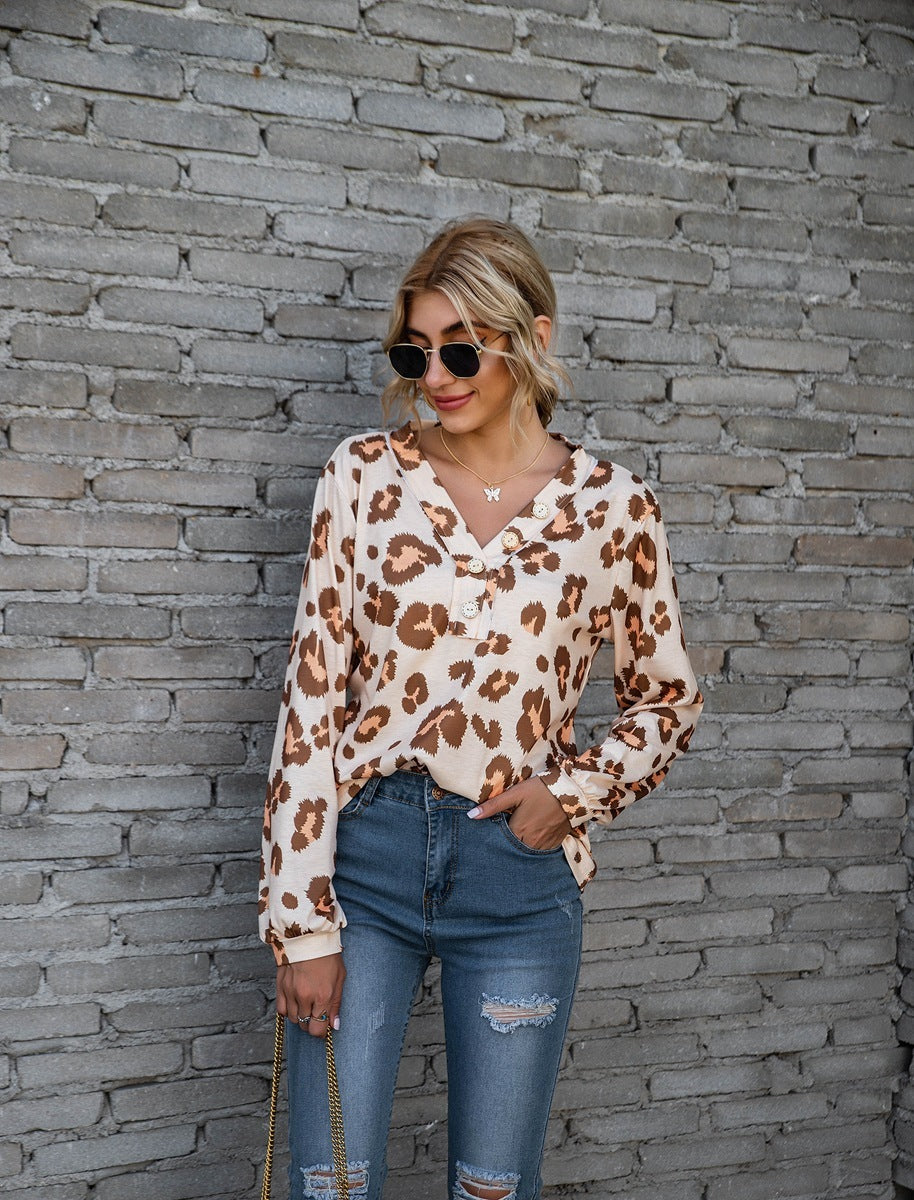 Leopard Print Printed V-neck Off-the-shoulder Long Sleeve T-shirt