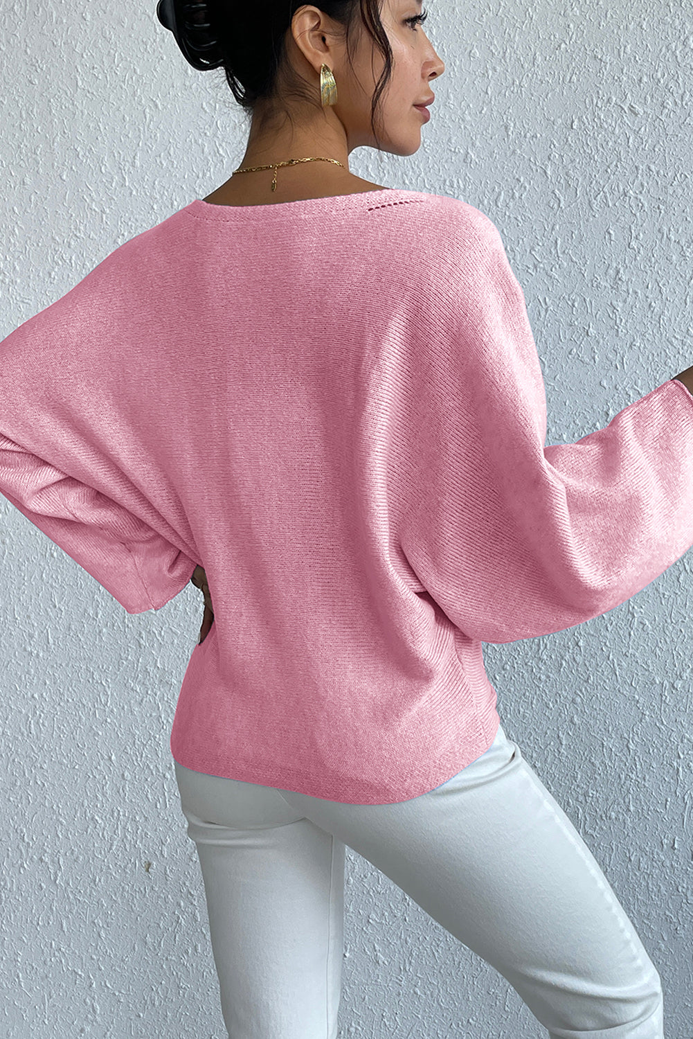 Pink Daisy Embroidered Loose Long Sleeve Knit Top