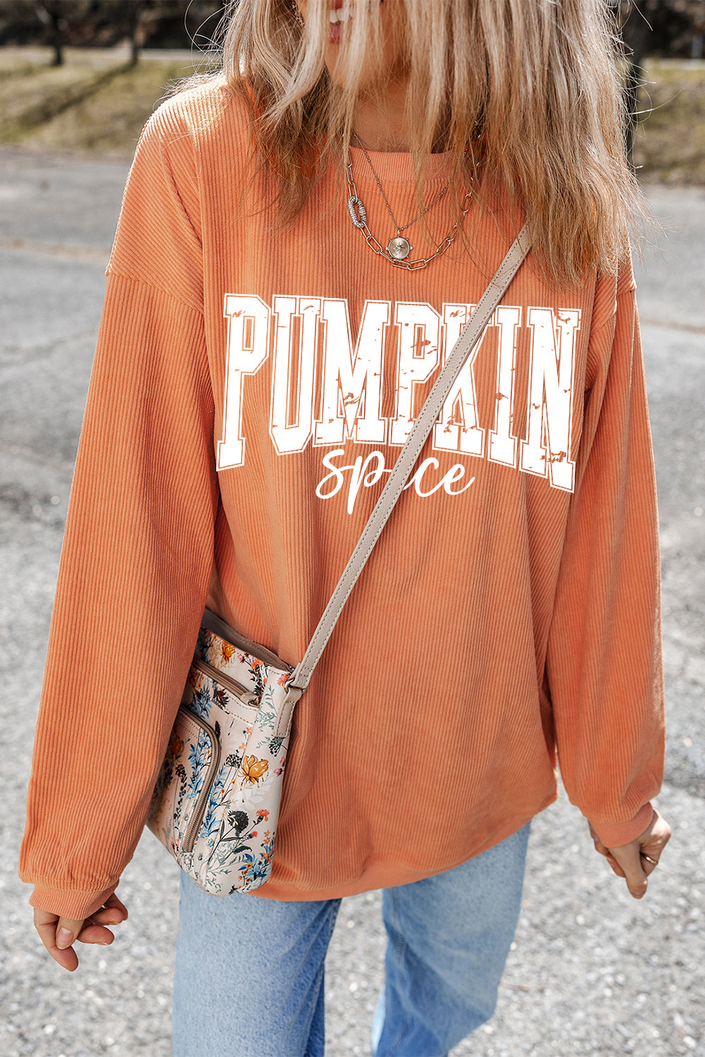 Orange Crinkle Ribbed PUMPKIN Spice Graphic Crewneck Sweatshirt