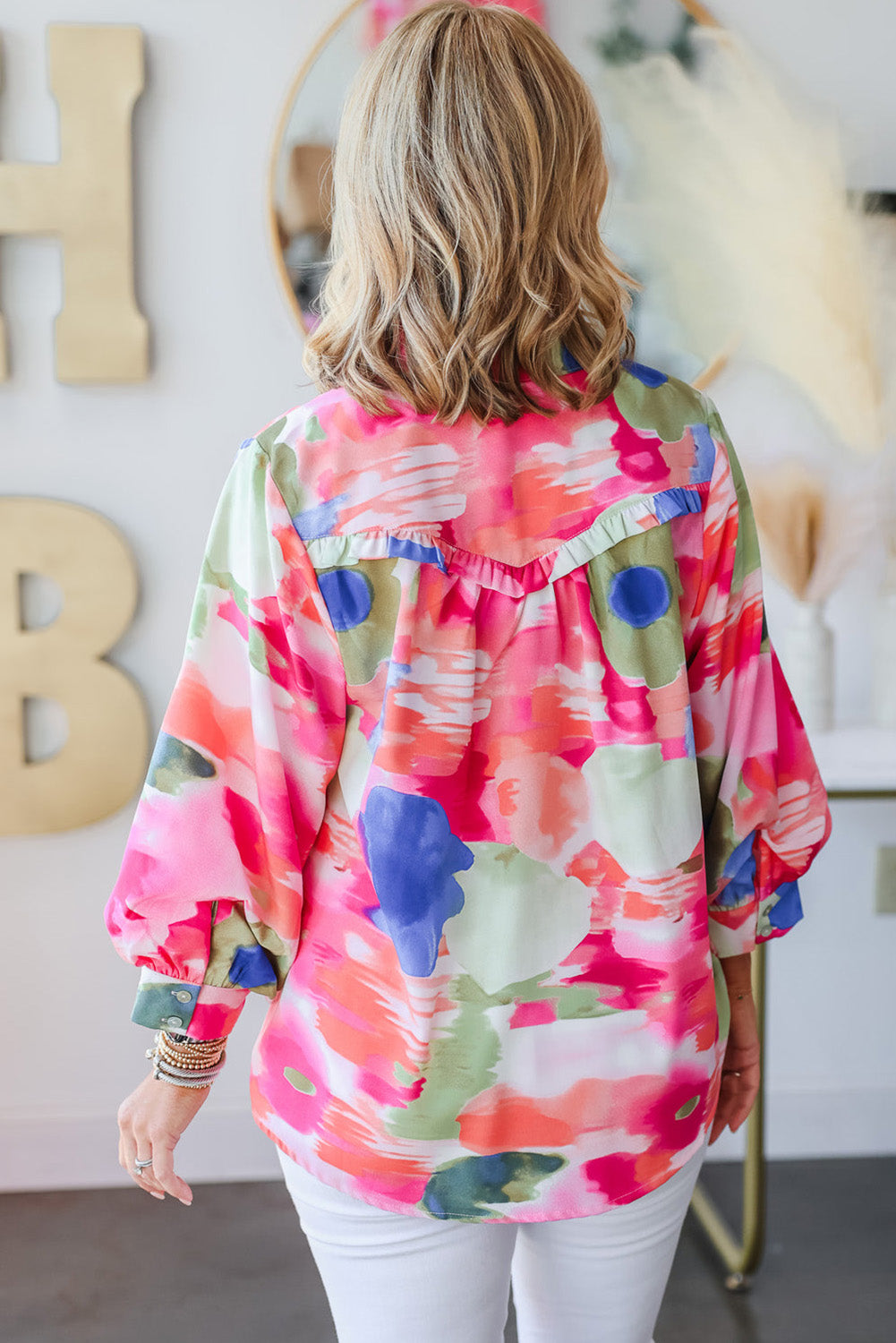 Multicolour Abstract Print Frill Detail Button Up Shirt