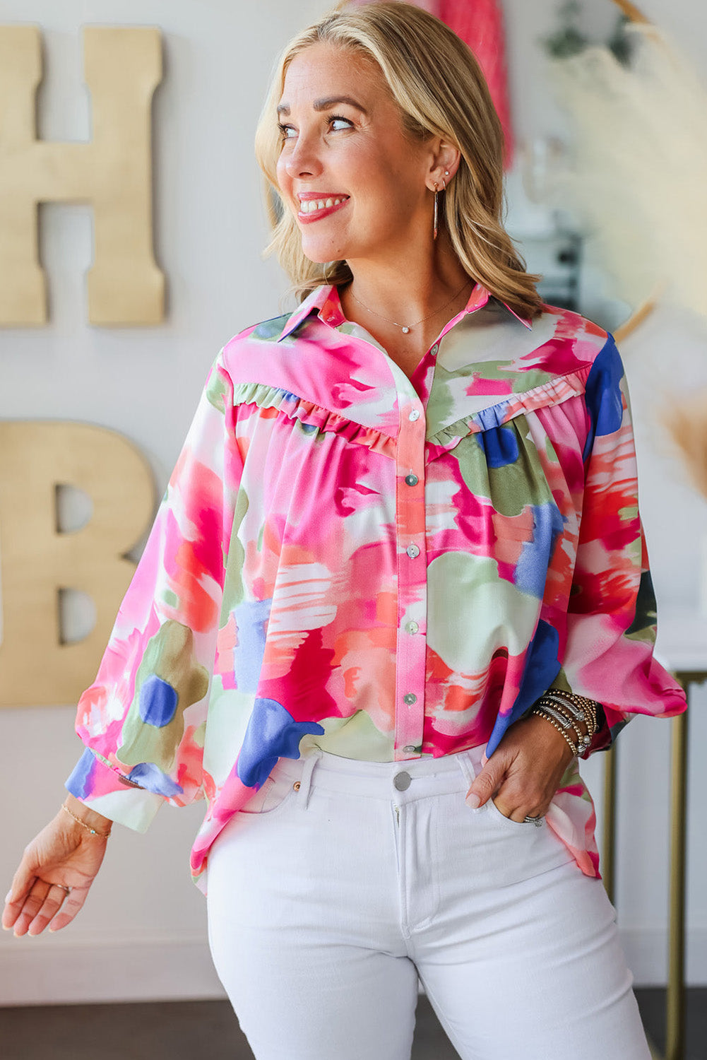 Multicolour Abstract Print Frill Detail Button Up Shirt