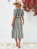 Striped Tie Belt Round Neck Puff Sleeve Dress