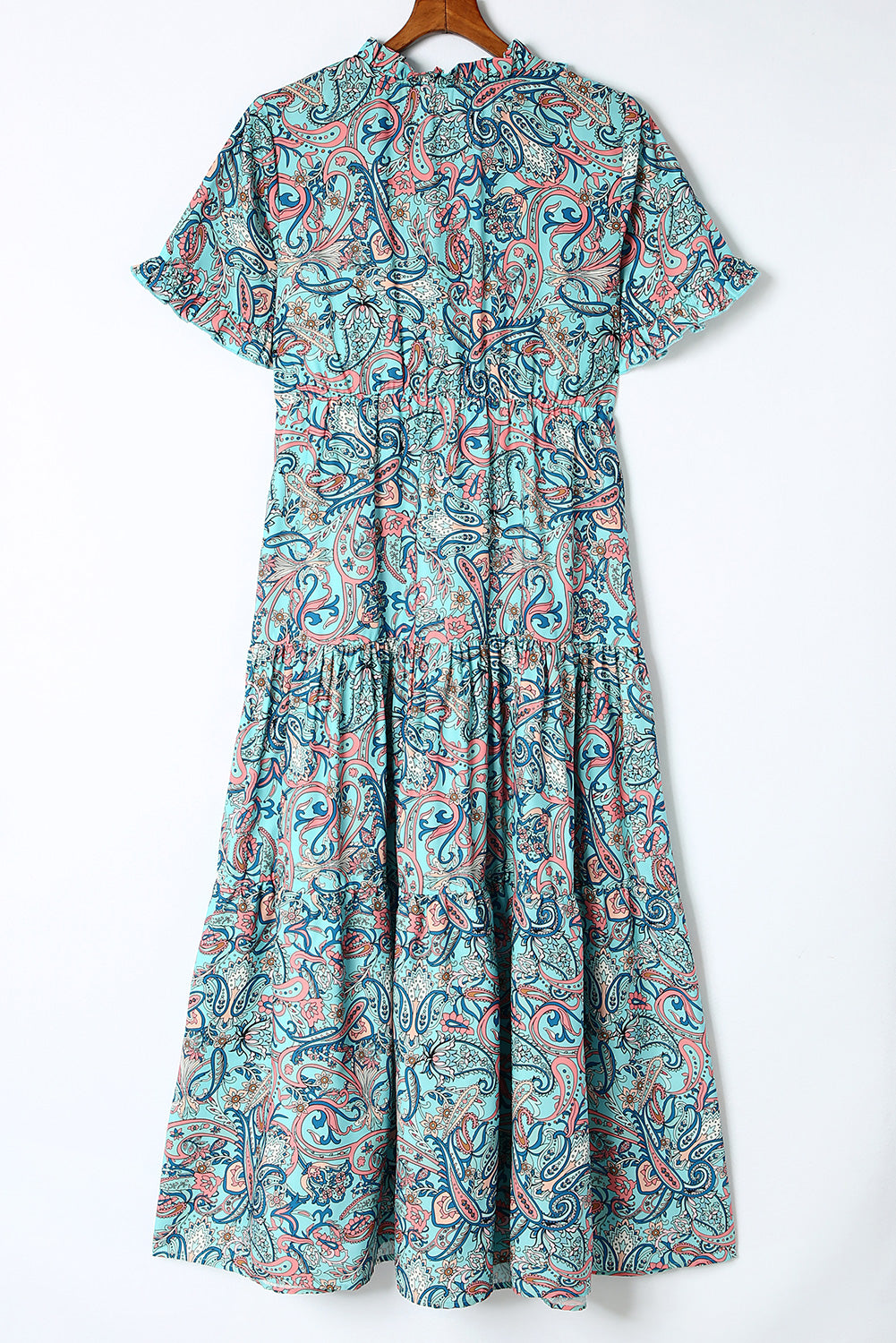 Sky Blue Paisley Print Boho Holiday Ruffle Tiered Maxi Dress