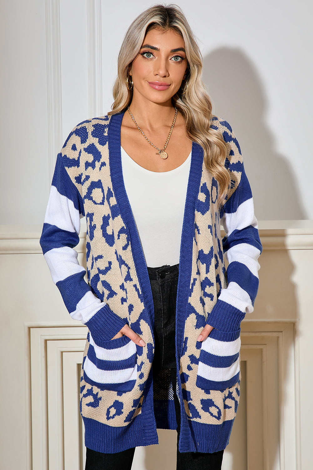 Black Stripe Sleeve Leopard Print Cardigan