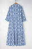 Sky Blue Ethnic Geometric Print Notch Neck Plus Size Maxi Dress