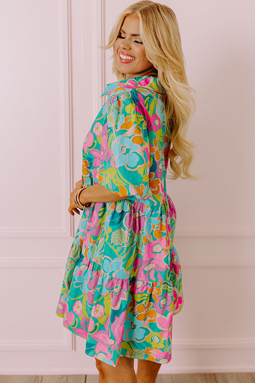 Green Plus Floral Print Puff Sleeve Tiered Shirt Tunic Dress