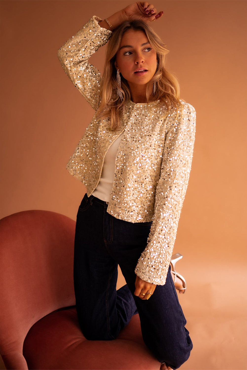 Golden Fleece Sequin Open Front Collarless Jacket