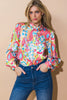 Multicolour Abstract Print Button Lantern Sleeve Shirt