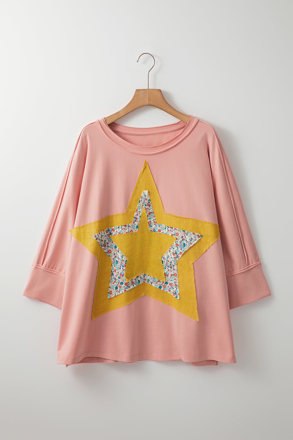 Rose Tan Floral Star Patched Exposed Seam Top