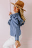 Dusk Blue Denim Button Front Ruffle Decor Long Sleeve Blouse