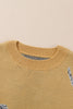 Camel Fuzzy Cheetah Accent Round Neck Sweater