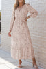 Leopard Surplice Neck Bubble Sleeve Maxi Dress with Sash