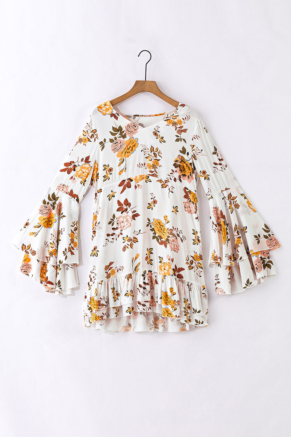 White Printed Floral Print Layered Sleeve Tunic