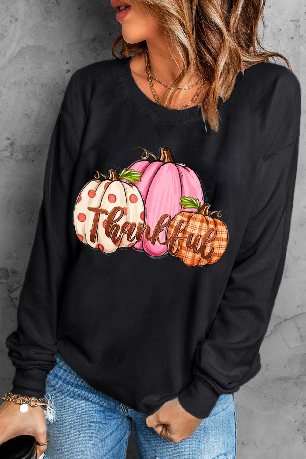 Black Pumpkin Thankful Drop Shoulder Thanksgiving Graphic Sweatshirt