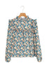 Sky Blue Floral Print Frill Neck Puff Sleeve Blouse