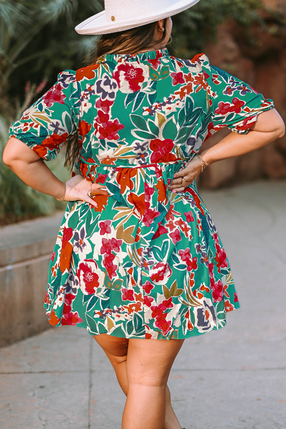 Sky Blue Plus Size Floral Print Puff Sleeve Tie Neck Tunic