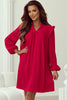 Fiery Red Textured Ruffled Trim V Neck Loose Fit Tunic