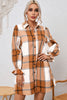 Khaki Plaid Pattern Collared Neck Ruffled Sleeve Shirt Dress