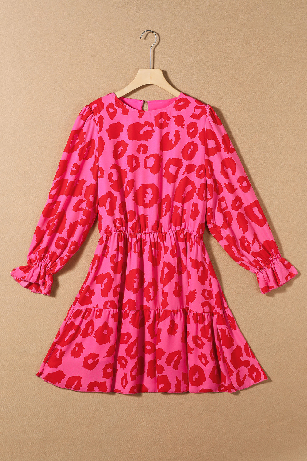 Rose Leopard Print Flounce Sleeve Ruffle Tunic