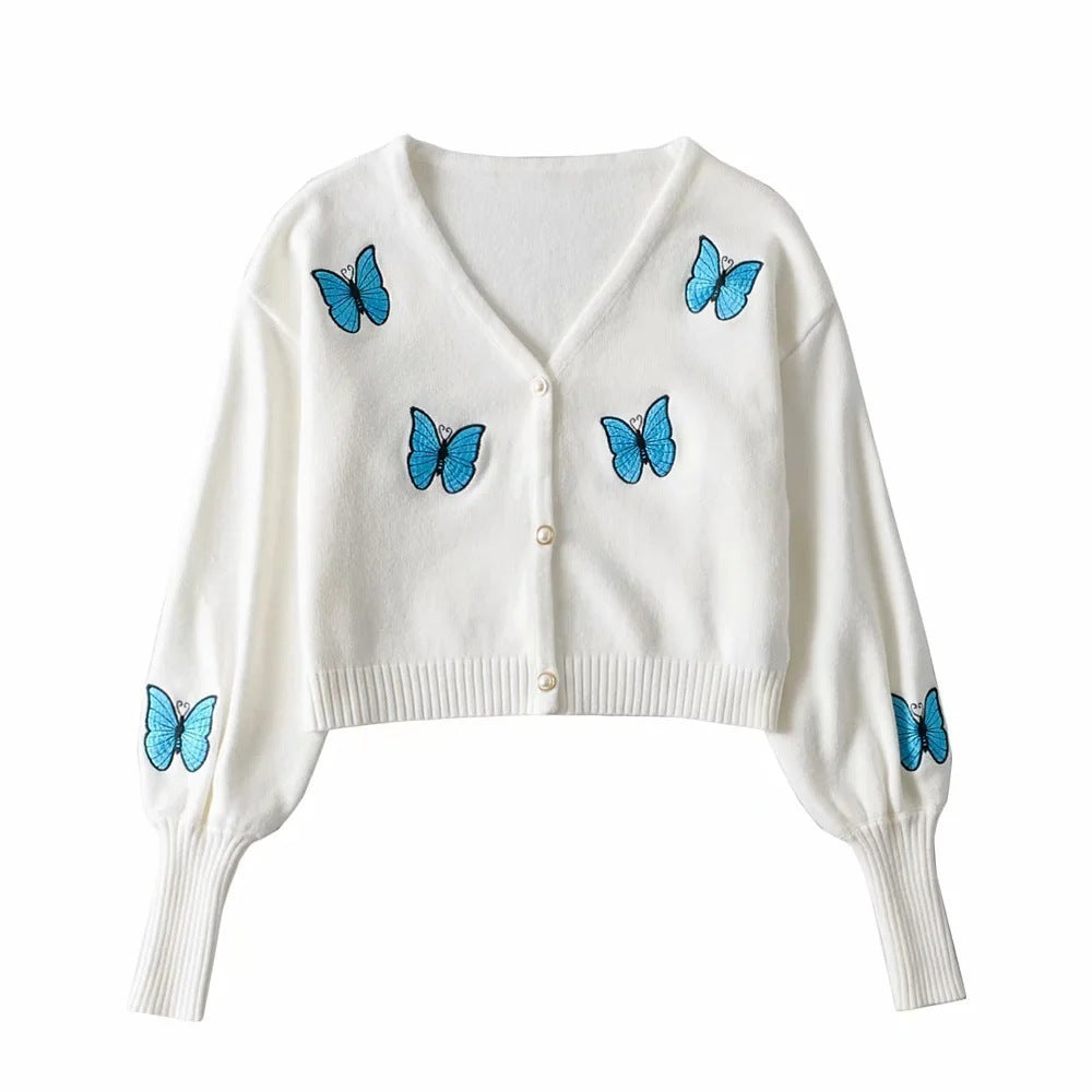 Butterfly Embroidery Knitted Cardigan Two Piece Set