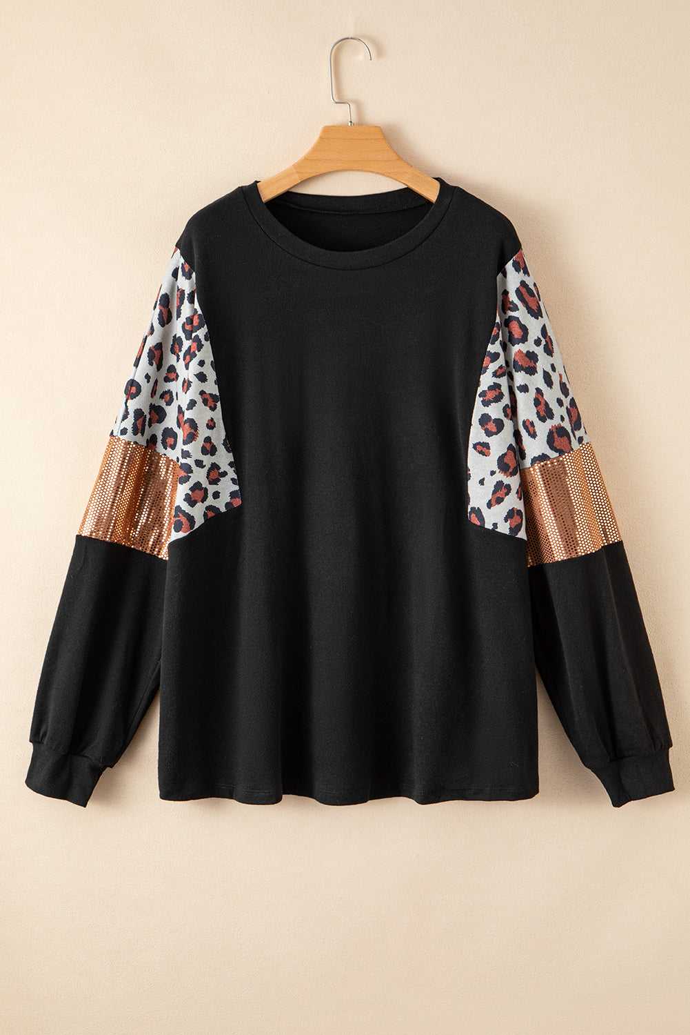 Black Plus Size Leopard Sequin Patchwork Long Sleeve Top