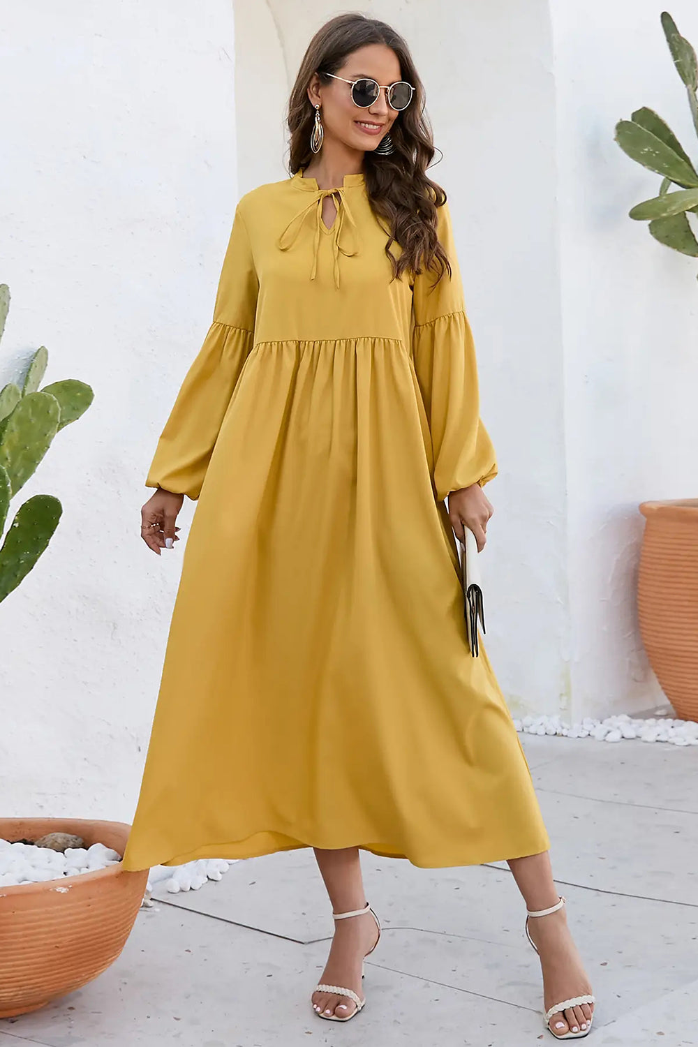 IZURIA Ruched Tie Neck Balloon Sleeve Midi Dress