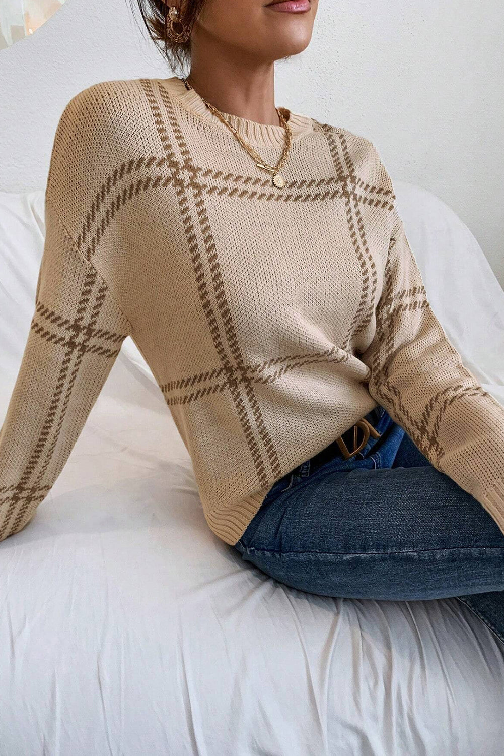 Pink Plaid Pattern Knitted Drop Shoulder Sweater