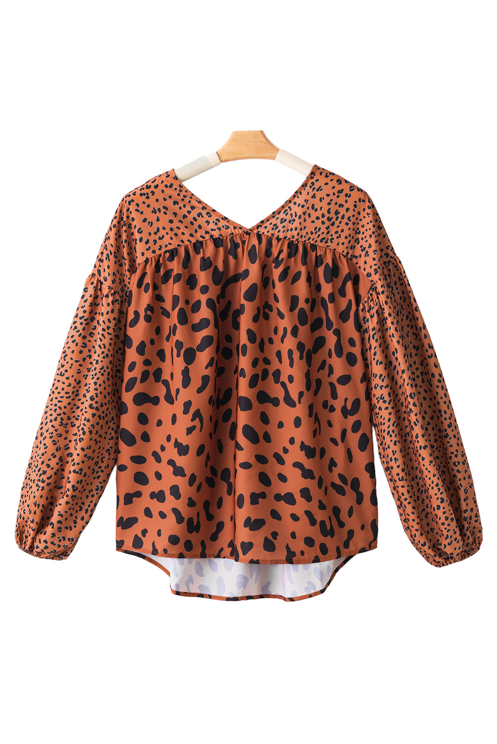 Brown Leopard V Neck Lantern Sleeve Tunic Blouse