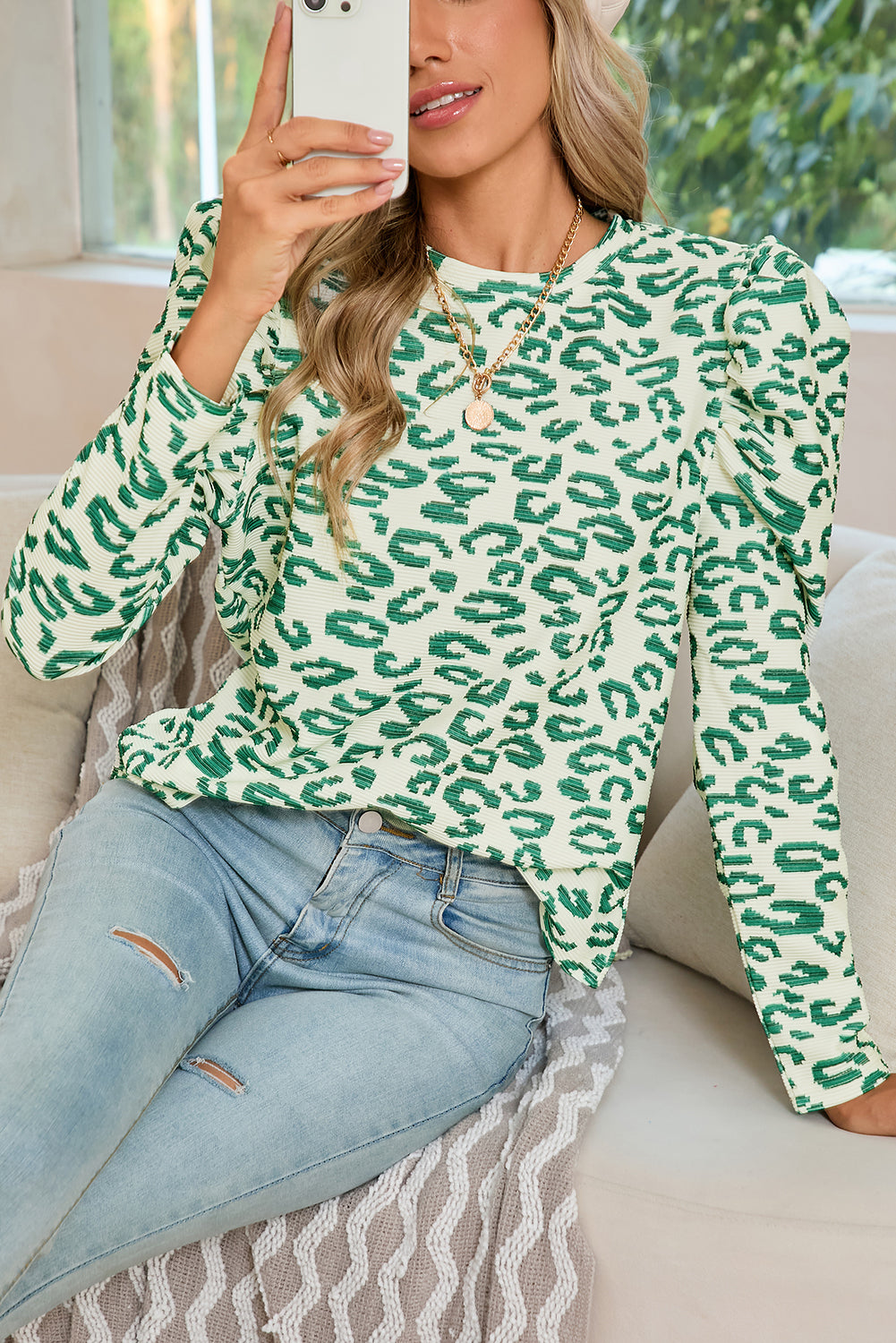 Blackish Green Leopard Print Puff Long Sleeve Top