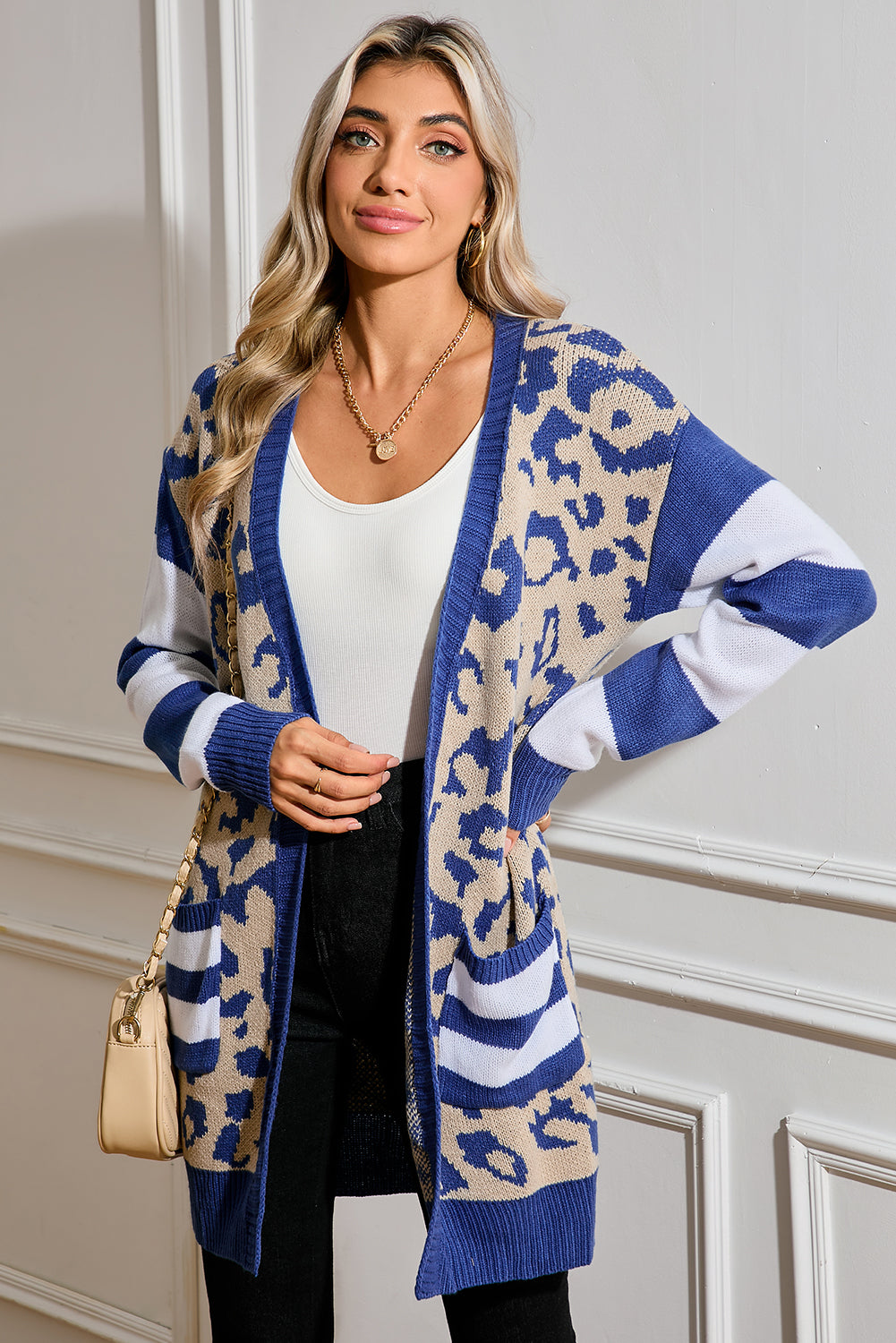 Black Stripe Sleeve Leopard Print Cardigan