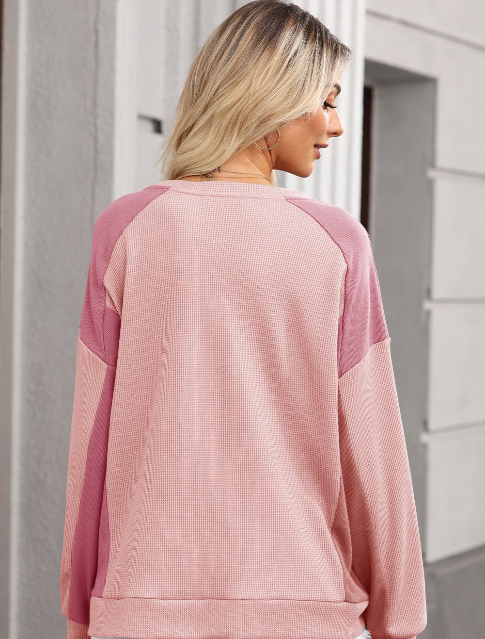 Apricot Pink Waffle and Ribbed Patchwork Sweatshirt