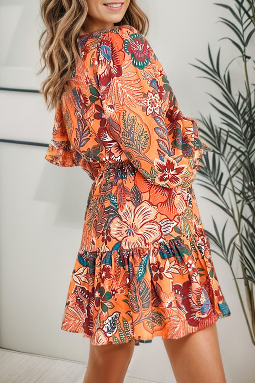 Tropical Print Tie Waist Lantern Sleeve Tunic