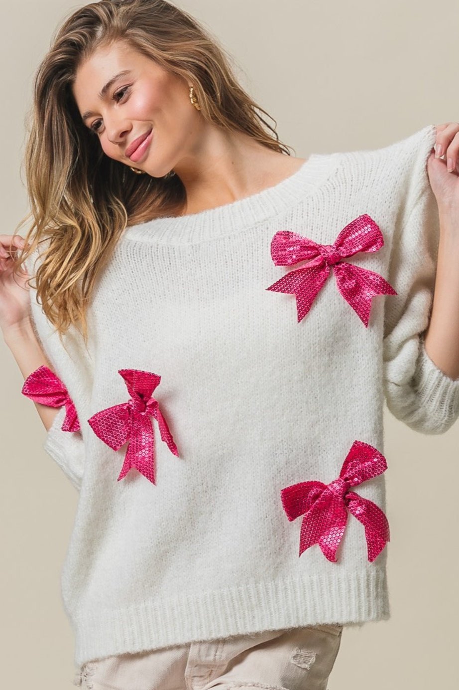 BiBi Sequin Bow Puff Sleeve Sweater