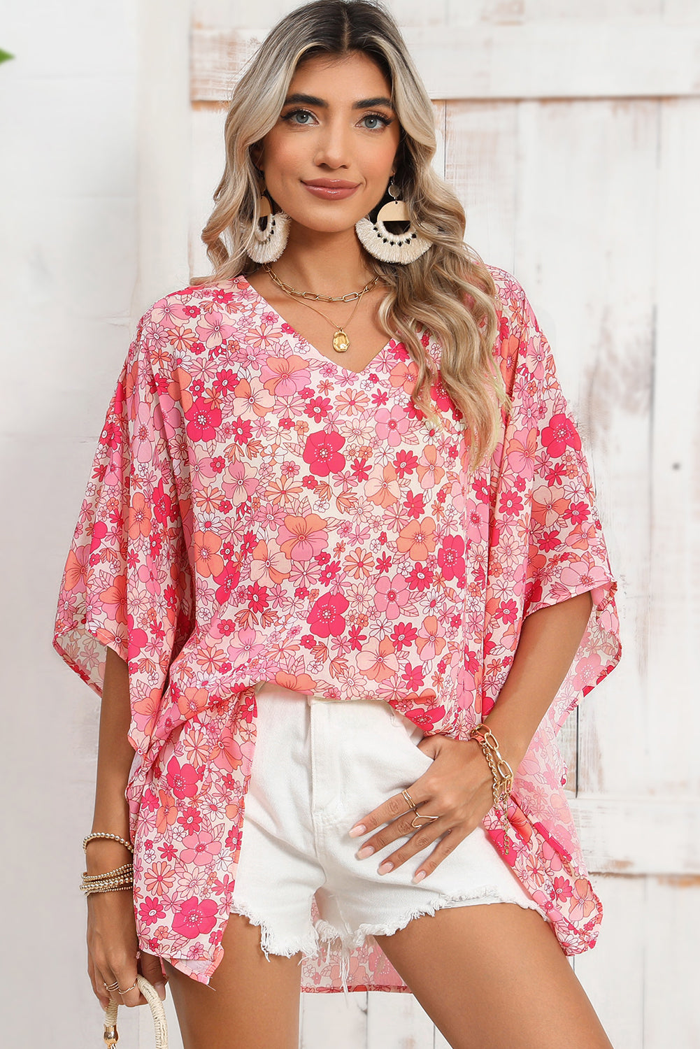 Pink Boho Floral Print V Neck Oversized Blouse