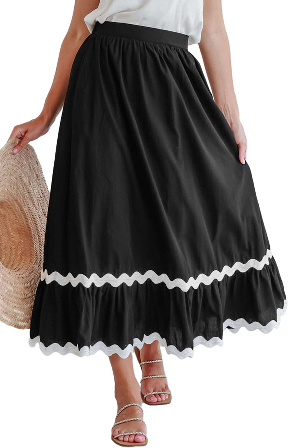 Black Ric Rac Trim High Waist Maxi Skirt