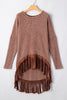 Coffee Waffle Knit Fringed High Low Loose Top