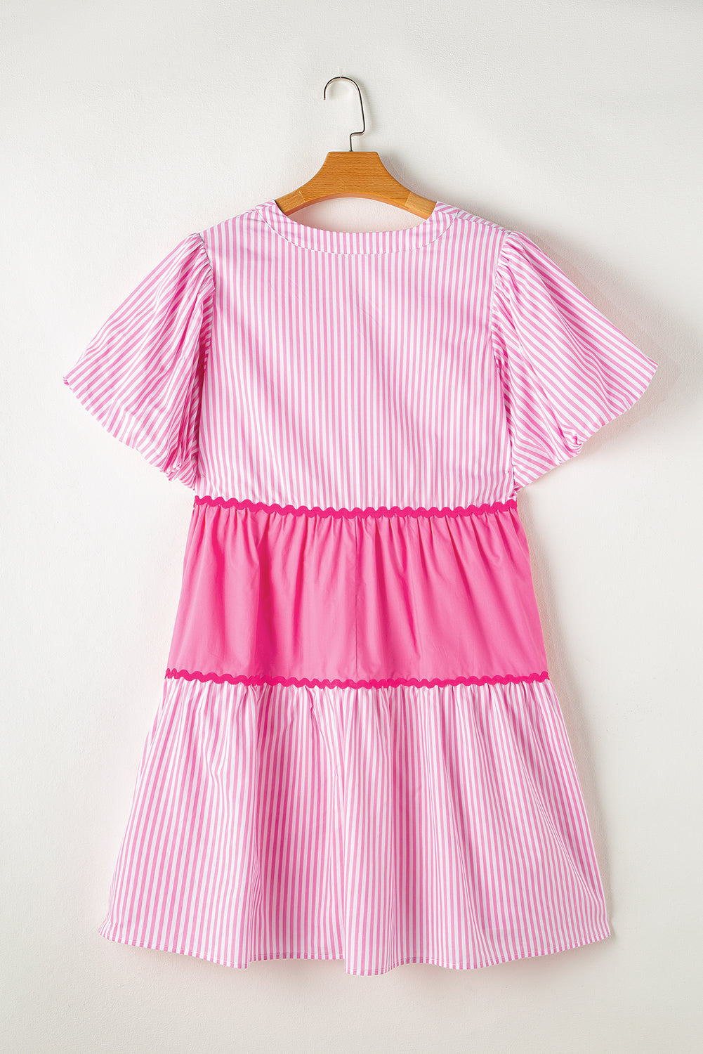 Pink Ricrac Block Accent Puff Short Sleeve Flowy Plus Tunic