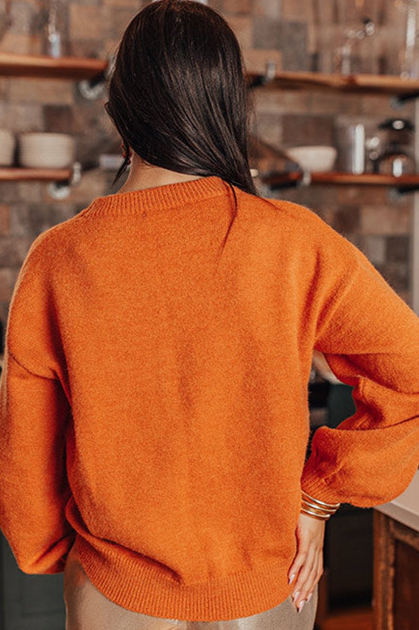 Russet Orange Thanksgiving Tinsel Drop Shoulder Crew Neck Sweater