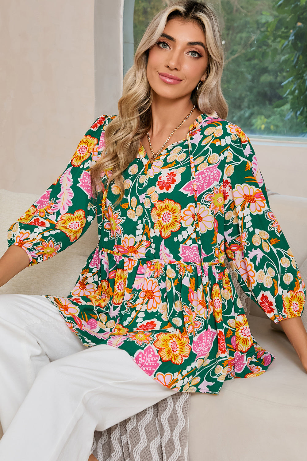 Green Floral Print V Neck Boho Babydoll Top