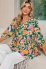 Green Floral Print V Neck Boho Babydoll Top