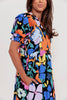 Blue Collared Split Neck Floral Flared Dress