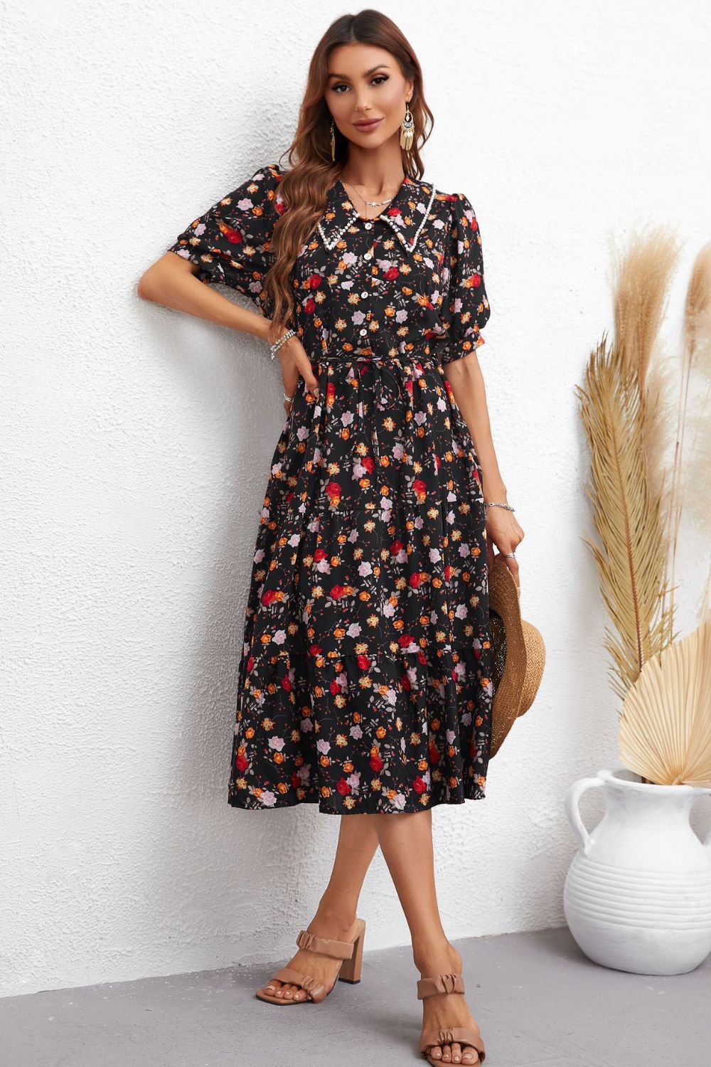 Honey Floral Collared Neck Puff Sleeve Dress