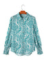 Green Paisley Print Smocked Cuffs Buttoned Loose Shirt