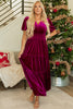 Red Dahlia Velvet Short Sleeve Shirred Waist Tiered Maxi Dress