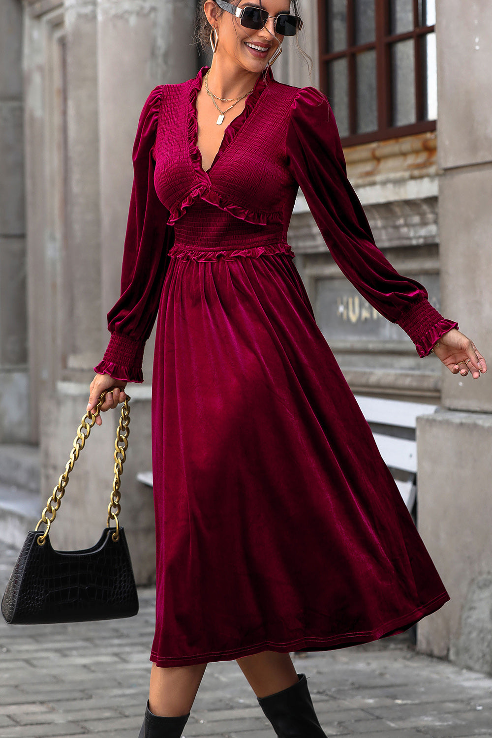 Perfee Smocked Lantern Sleeve Midi Dress