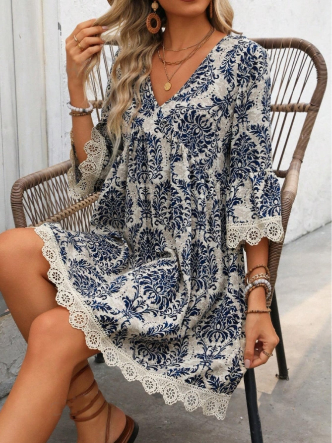 Lace Detail Printed V-Neck Mini Dress